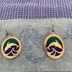 Gold and Turquoise-Blue Dolphin Earrings